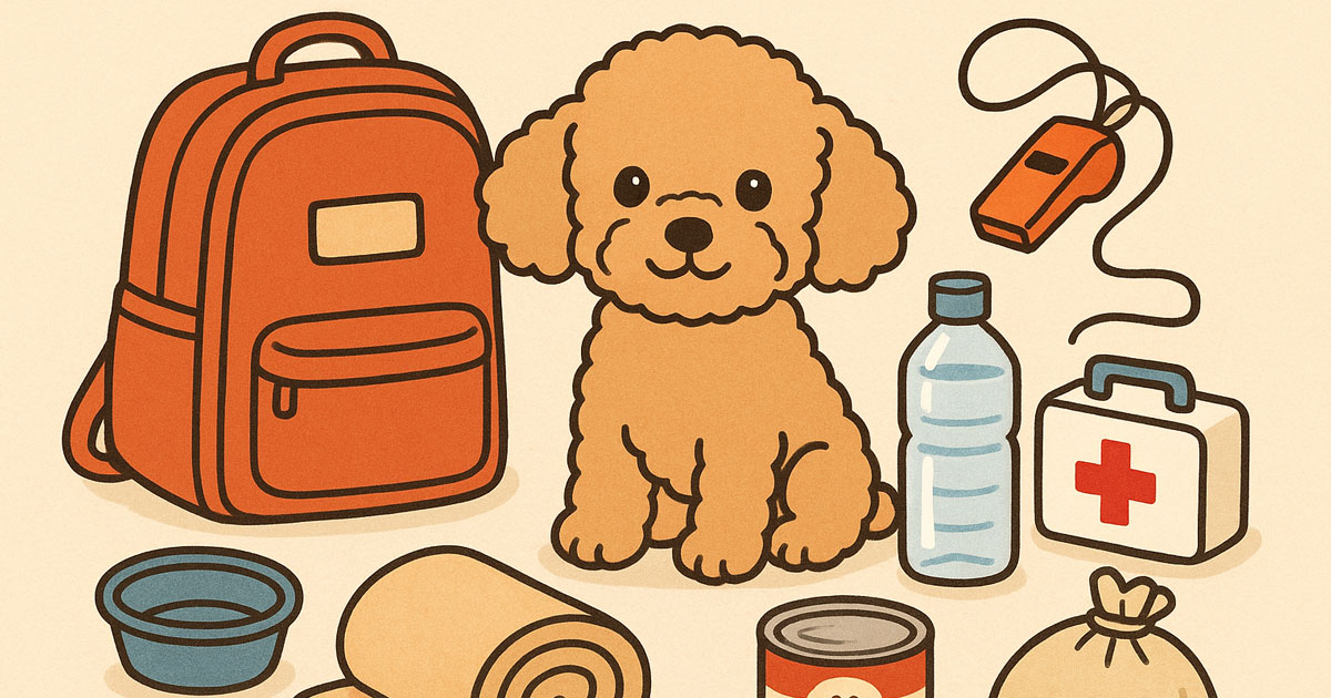 愛犬と一緒に避難するための防災グッズ一式。キャリー、フード、水、常備薬などが整った様子