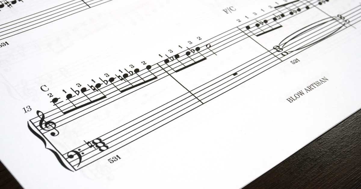 神戸三宮の大人向けピアノ体験レッスン用オリジナル譜面。クロマチックスケール2オクターブに指番号を記載した初心者向け練習用。