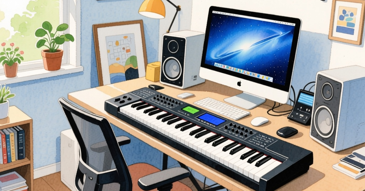 神戸三宮・大人向けピアノ教室のDTMレッスンイラスト。コンパクトな機材を使い、初心者でも楽しく学べる雰囲気を表現