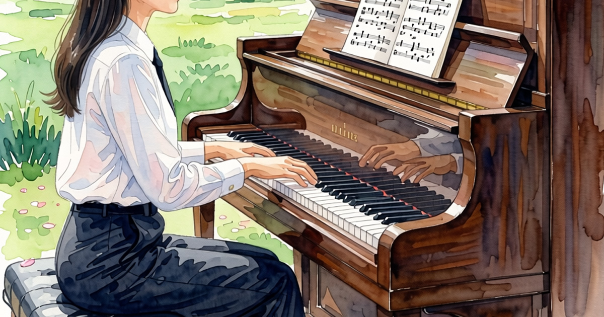 神戸三宮で大人向けピアノレッスンを行う教室をイメージした、自然の中にあるアップライトピアノのイラスト