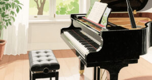 神戸三宮・北野エリアの大人向けピアノレッスンの室内イラスト。グランドピアノと窓から差し込む新緑を描く