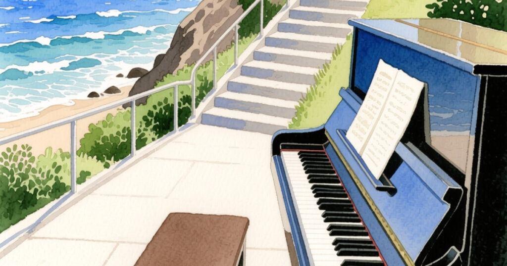 海が見える場所に置かれたアップライトピアノのイラスト。神戸三宮・元町の大人向けピアノ教室をイメージ。